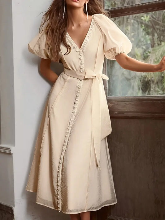 CM-DT641950 Women Elegant Seoul Style Solid Color V-Neck Bubble Sleeve Pearl Decor Midi Dress - Beige