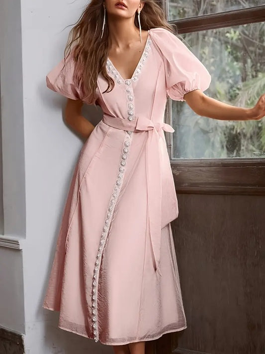 CM-DT641950 Women Elegant Seoul Style Solid Color V-Neck Bubble Sleeve Pearl Decor Midi Dress - Pink