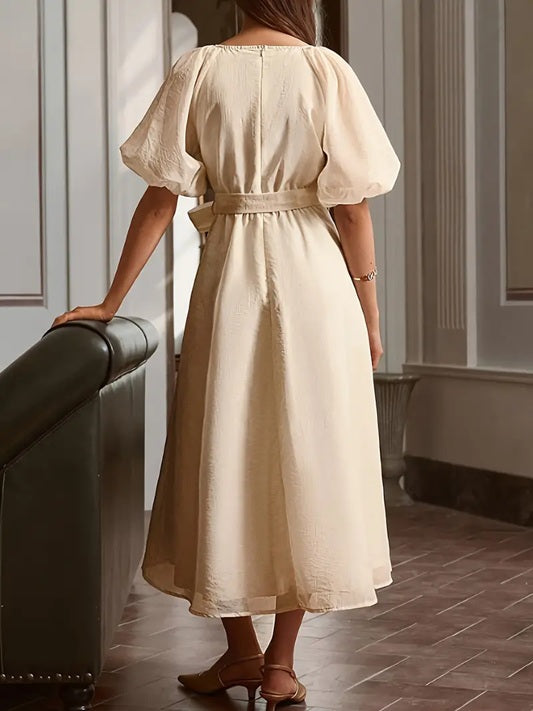 CM-DT641950 Women Elegant Seoul Style Solid Color V-Neck Bubble Sleeve Pearl Decor Midi Dress - Beige