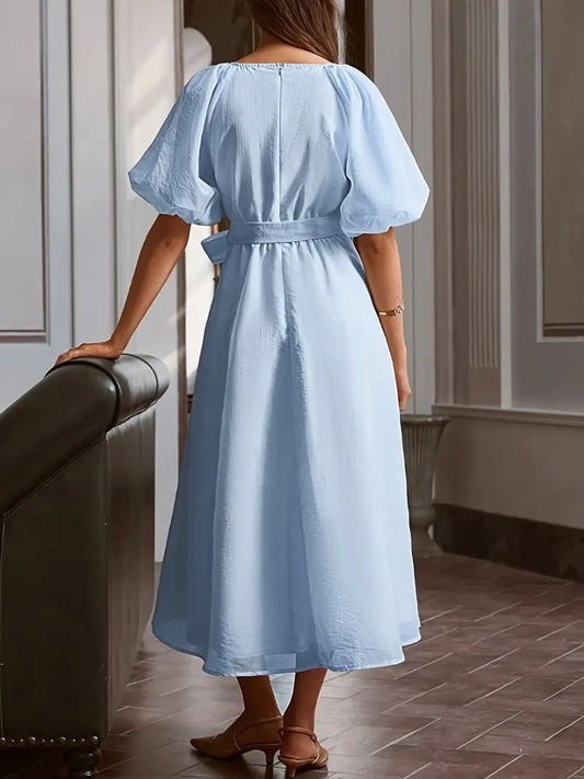 CM-DT641950 Women Elegant Seoul Style Solid Color V-Neck Bubble Sleeve Pearl Decor Midi Dress - Blue