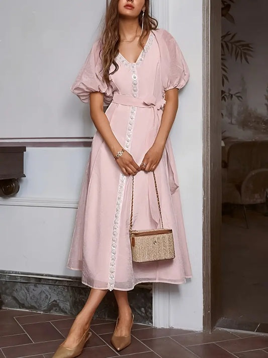 CM-DT641950 Women Elegant Seoul Style Solid Color V-Neck Bubble Sleeve Pearl Decor Midi Dress - Pink