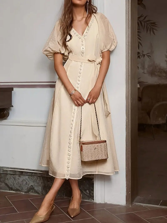 CM-DT641950 Women Elegant Seoul Style Solid Color V-Neck Bubble Sleeve Pearl Decor Midi Dress - Beige