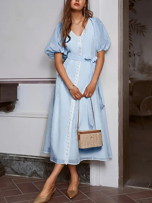 CM-DT641950 Women Elegant Seoul Style Solid Color V-Neck Bubble Sleeve Pearl Decor Midi Dress - Blue