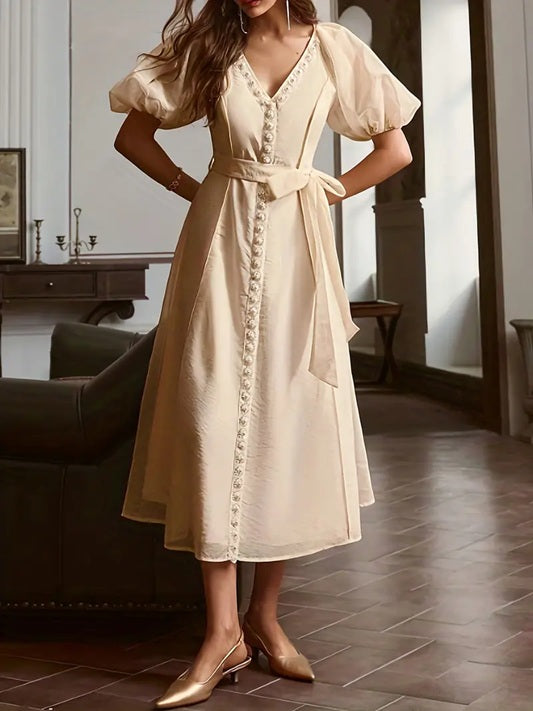 CM-DT641950 Women Elegant Seoul Style Solid Color V-Neck Bubble Sleeve Pearl Decor Midi Dress - Beige