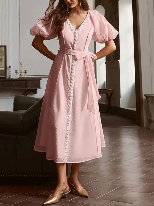 CM-DT641950 Women Elegant Seoul Style Solid Color V-Neck Bubble Sleeve Pearl Decor Midi Dress - Pink