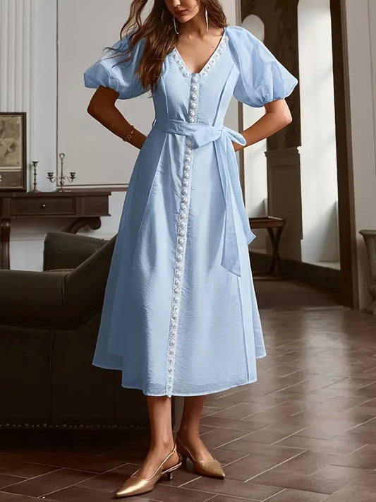 CM-DT641950 Women Elegant Seoul Style Solid Color V-Neck Bubble Sleeve Pearl Decor Midi Dress - Blue