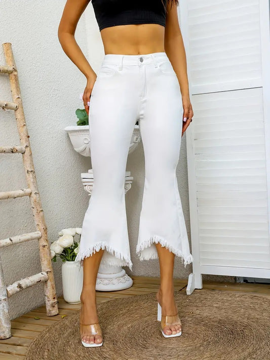 CM-BT030799 Women Casual Seoul Style High Stretch Asymmetrical Cropped Bell Bottom Jeans