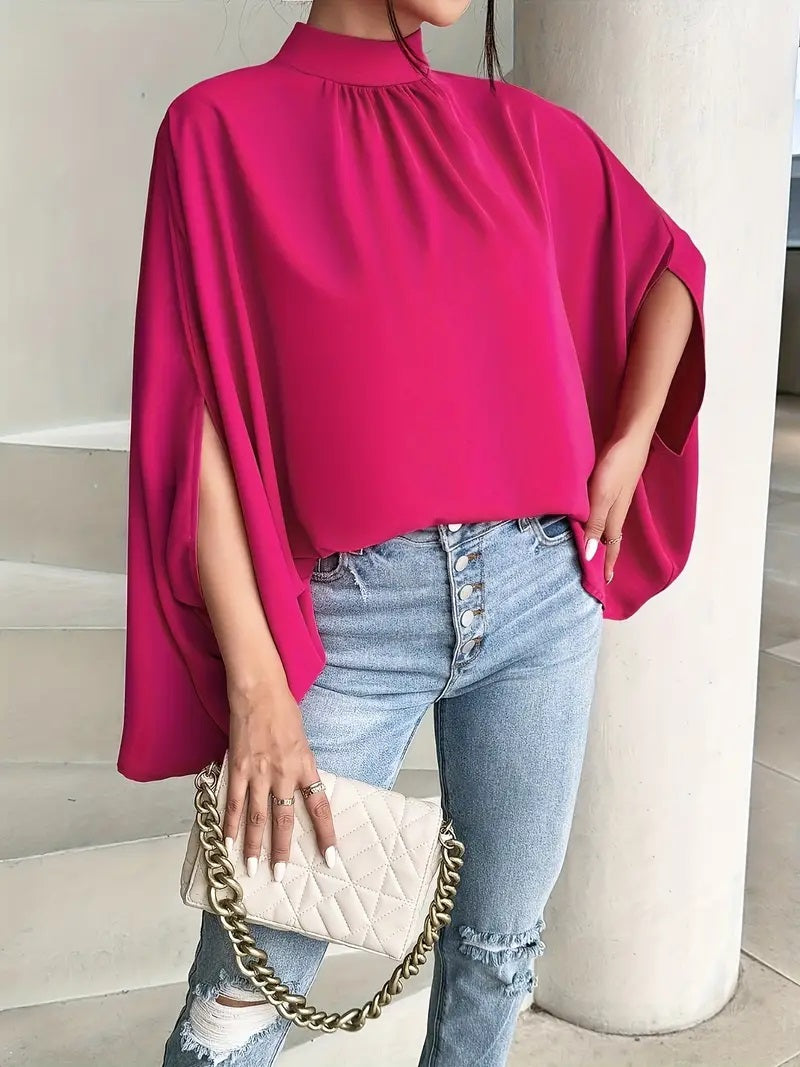 CM-TT126564 Women Casual Seoul Style Turtle Neck Bow Back Batwing Sleeve Blouse - Rose Red