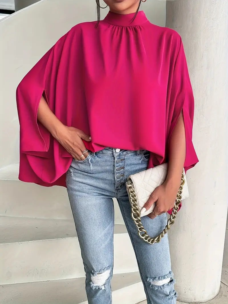 CM-TT126564 Women Casual Seoul Style Turtle Neck Bow Back Batwing Sleeve Blouse - Rose Red