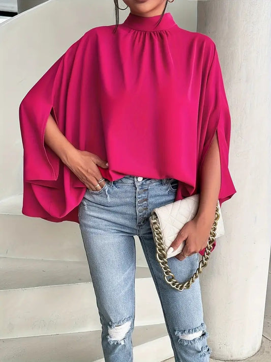 CM-TT126564 Women Casual Seoul Style Turtle Neck Bow Back Batwing Sleeve Blouse - Rose Red
