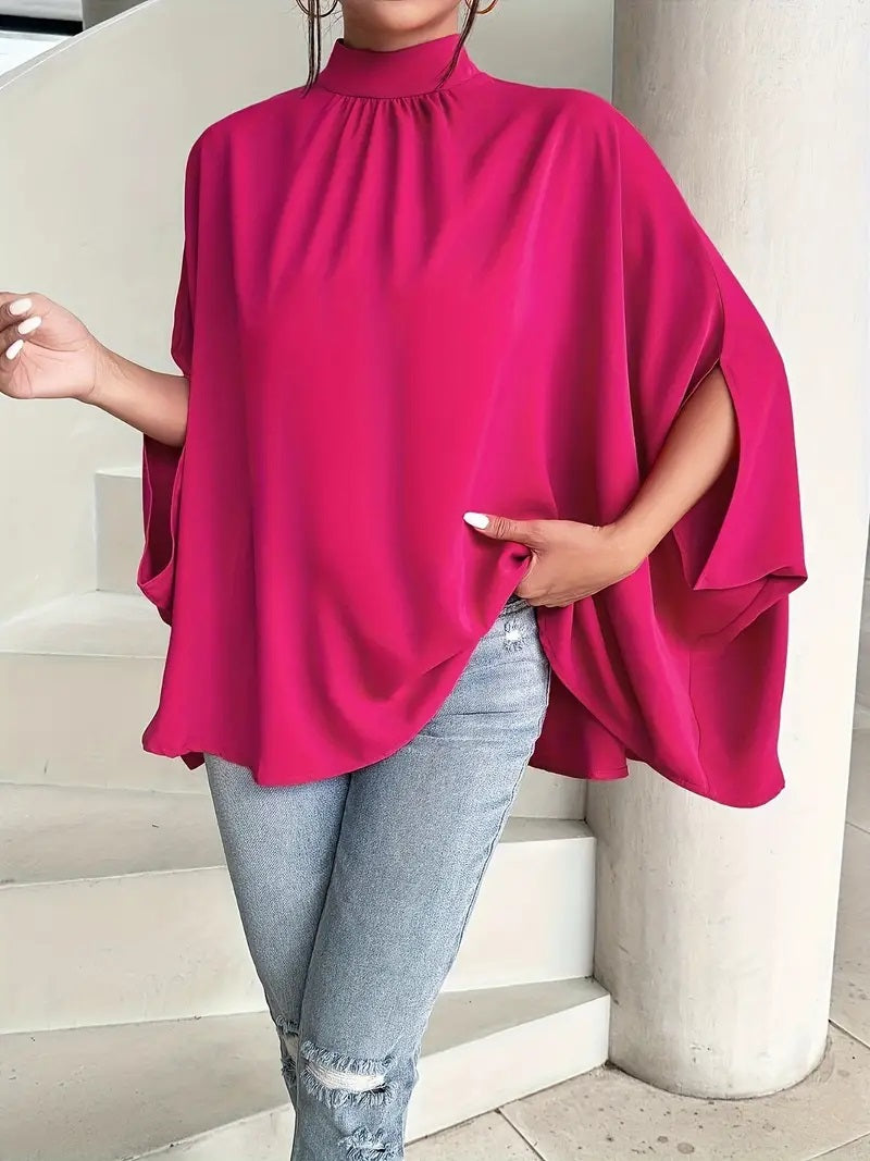CM-TT126564 Women Casual Seoul Style Turtle Neck Bow Back Batwing Sleeve Blouse - Rose Red