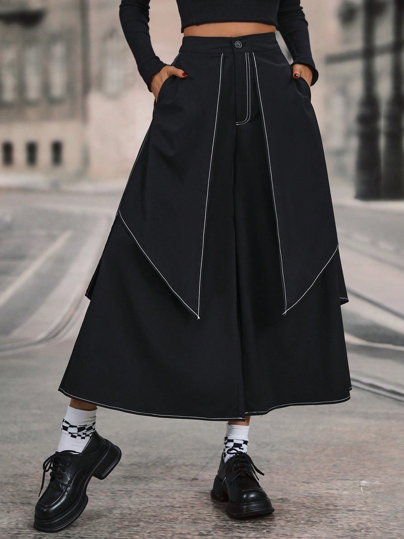 CM-BS124424 Women Elegant Seoul Style Contrast Piping Wide Leg Pants - Black