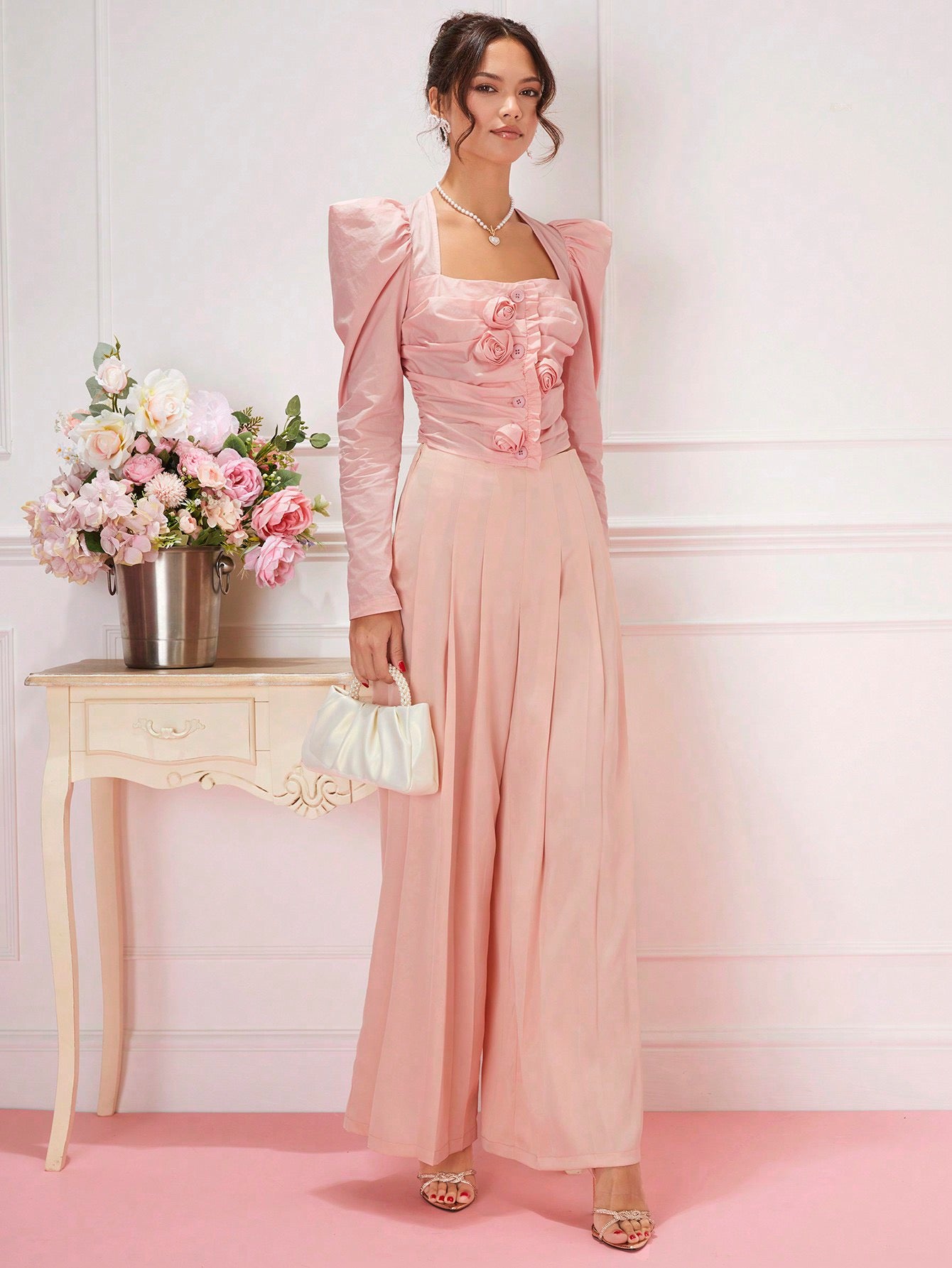 CM-BS553413 Women Elegant Seoul Style High Waist Solid Wide Leg Pants - Pink
