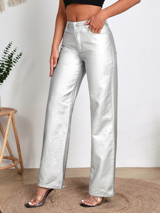 CM-BS411783 Women Elegant Seoul Style Zipper Fly Loose Straight Leg Jeans - Silver