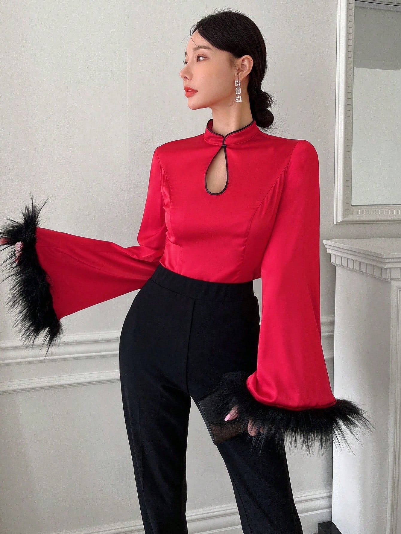 CM-TS119182 Women Elegant Seoul Style Keyhole Neck Fuzzy Cuff Trumpet Sleeve Blouse