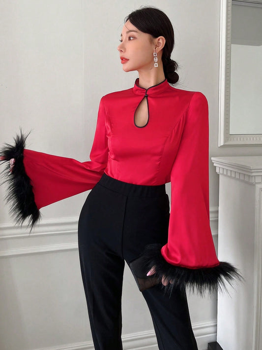 CM-TS119182 Women Elegant Seoul Style Keyhole Neck Fuzzy Cuff Trumpet Sleeve Blouse