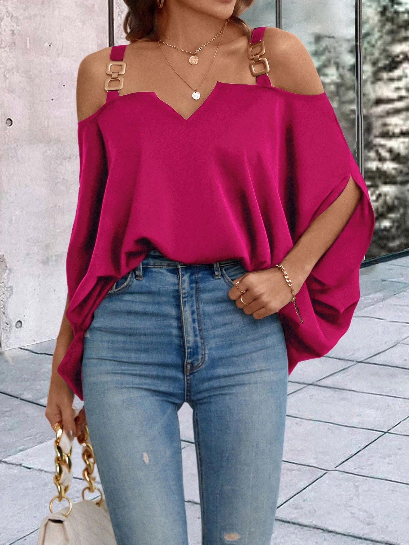 CM-TS289681 Women Casual Seoul Style Solid Chain Detail Cold Shoulder Dolman Sleeve Blouse