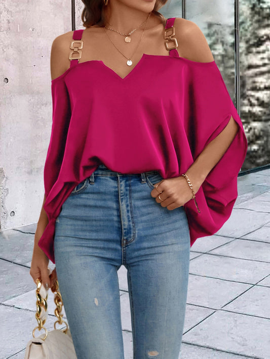 CM-TS289681 Women Casual Seoul Style Solid Chain Detail Cold Shoulder Dolman Sleeve Blouse