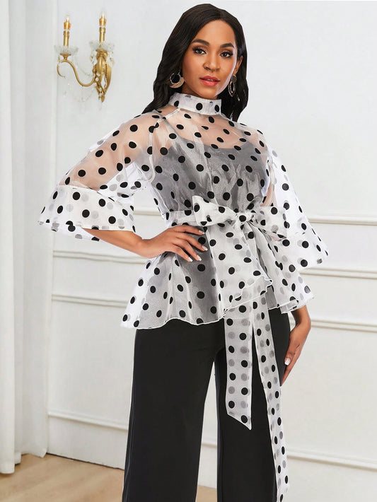 CM-TS086051 Women Elegant Seoul Style Polka Dot Belted Organza Top - White