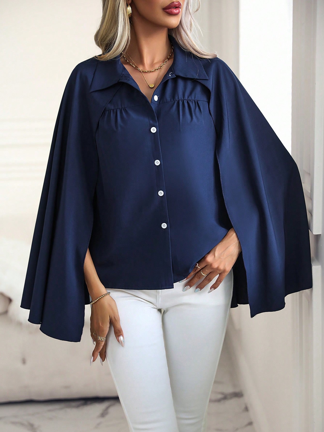 CM-TS331615 Women Casual Seoul Style Cloak Sleeve Button Front Shirt - Navy Blue