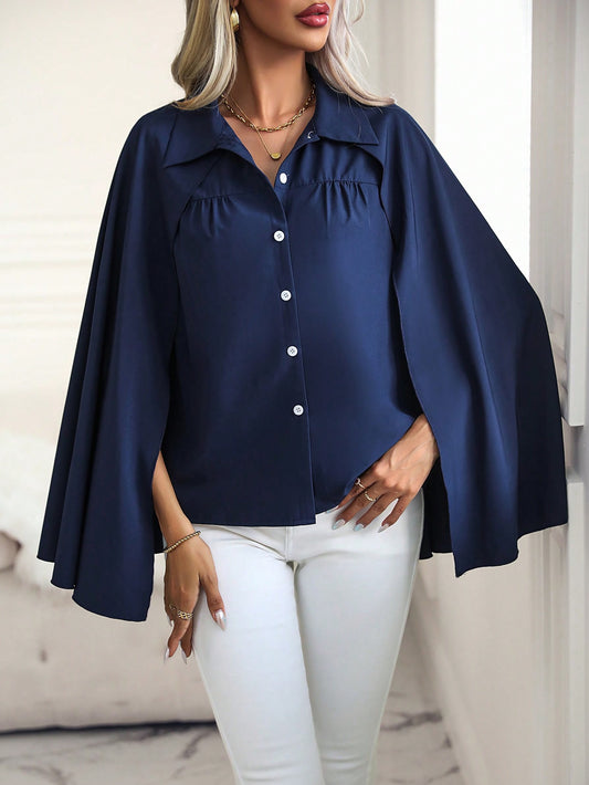 CM-TS331615 Women Casual Seoul Style Cloak Sleeve Button Front Shirt - Navy Blue