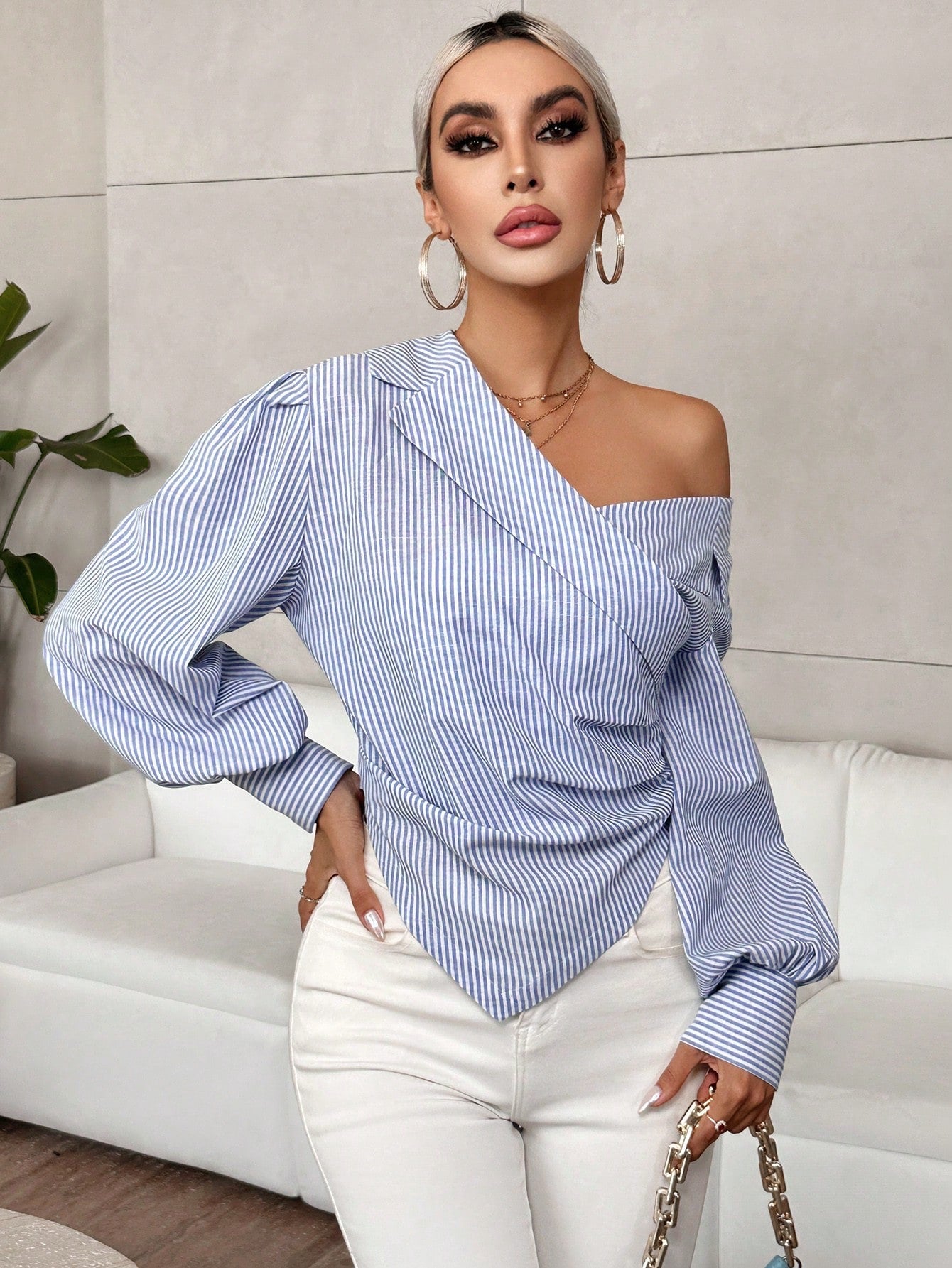 CM-TS740390 Women Casual Seoul Style Asymmetrical Neck Lantern Sleeve Ruched Hem Blouse