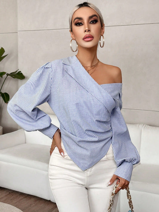 CM-TS740390 Women Casual Seoul Style Asymmetrical Neck Lantern Sleeve Ruched Hem Blouse
