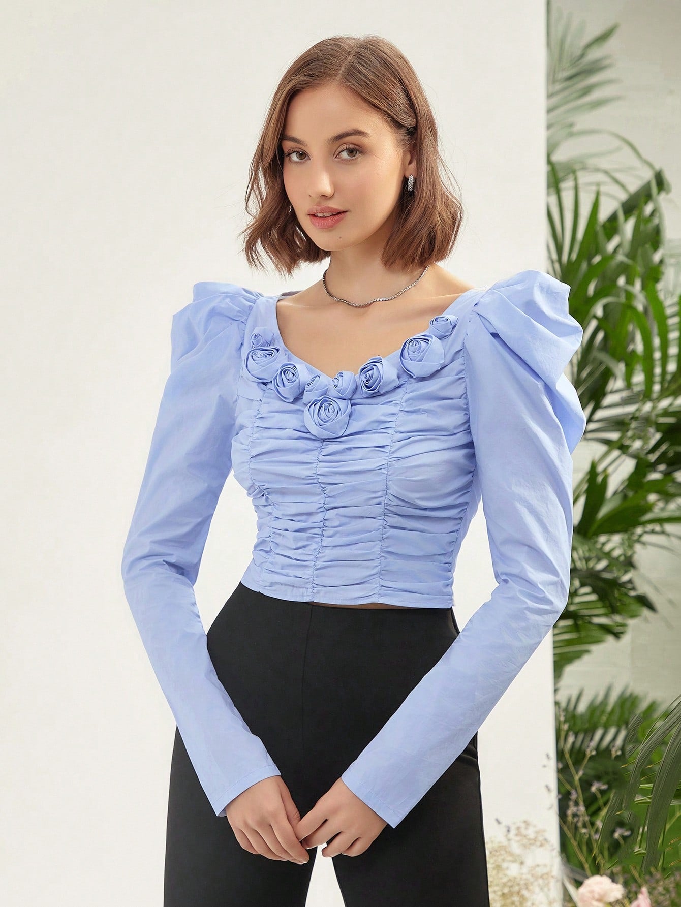 CM-TS914909 Women Elegant Seoul Style Ruched Front Gigot Sleeve Blouse - Blue