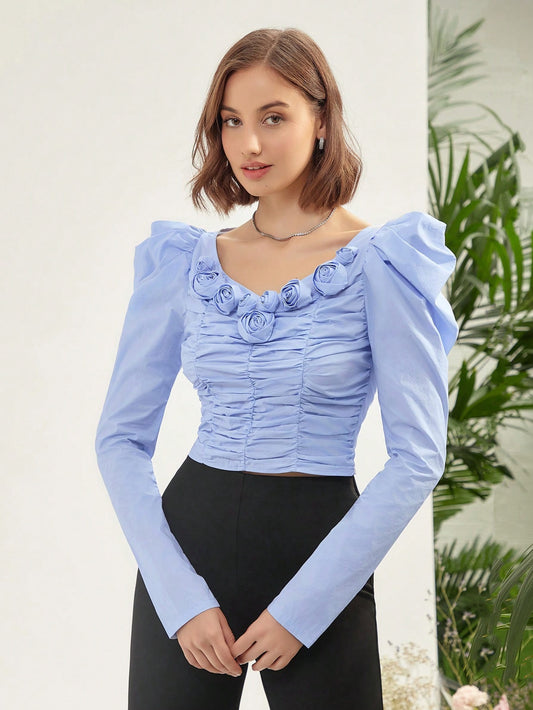 CM-TS914909 Women Elegant Seoul Style Ruched Front Gigot Sleeve Blouse - Blue