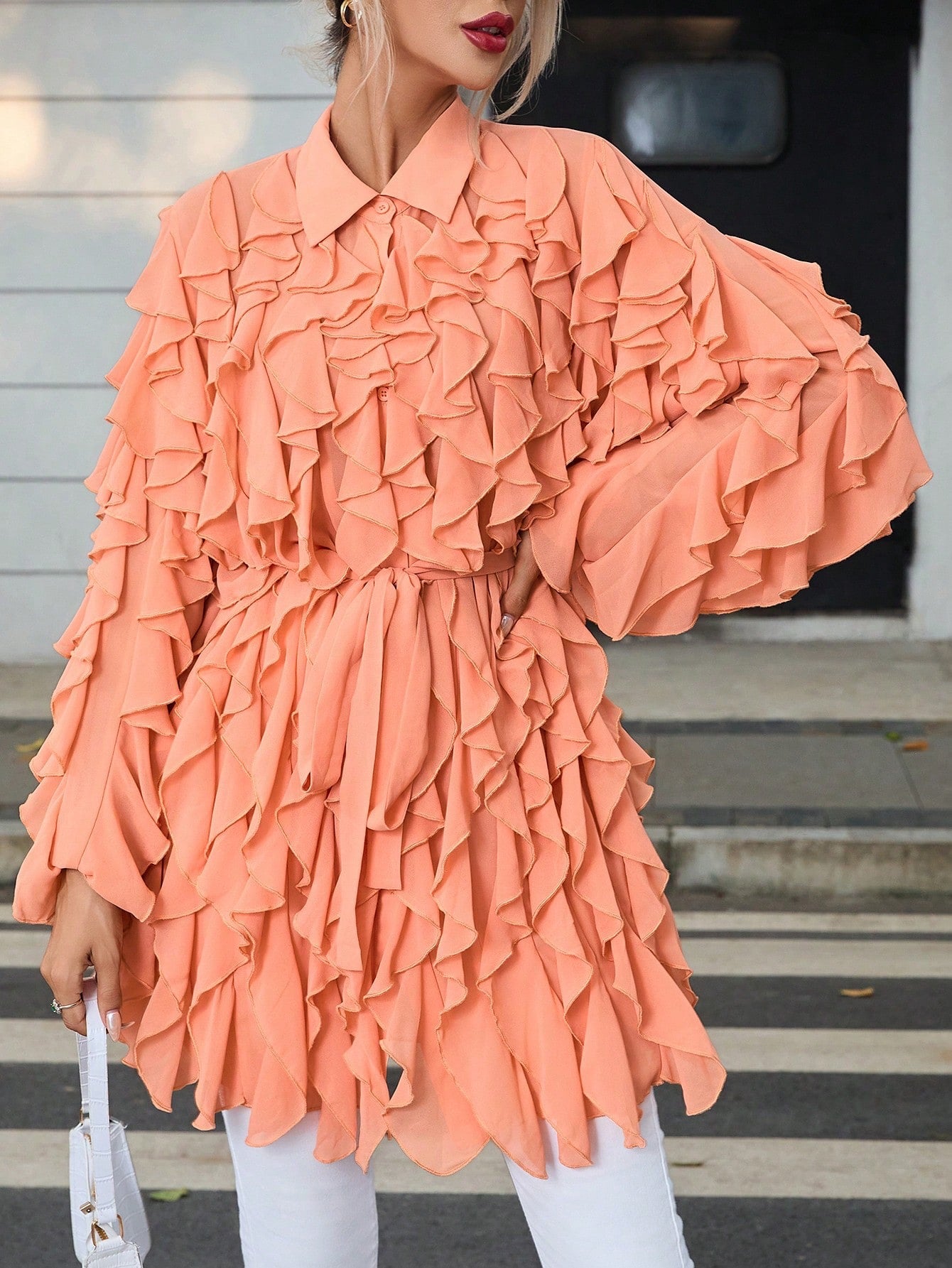 CM-TS355591 Women Casual Seoul Style Lantern Sleeve Ruffle Trim Belted Shirt