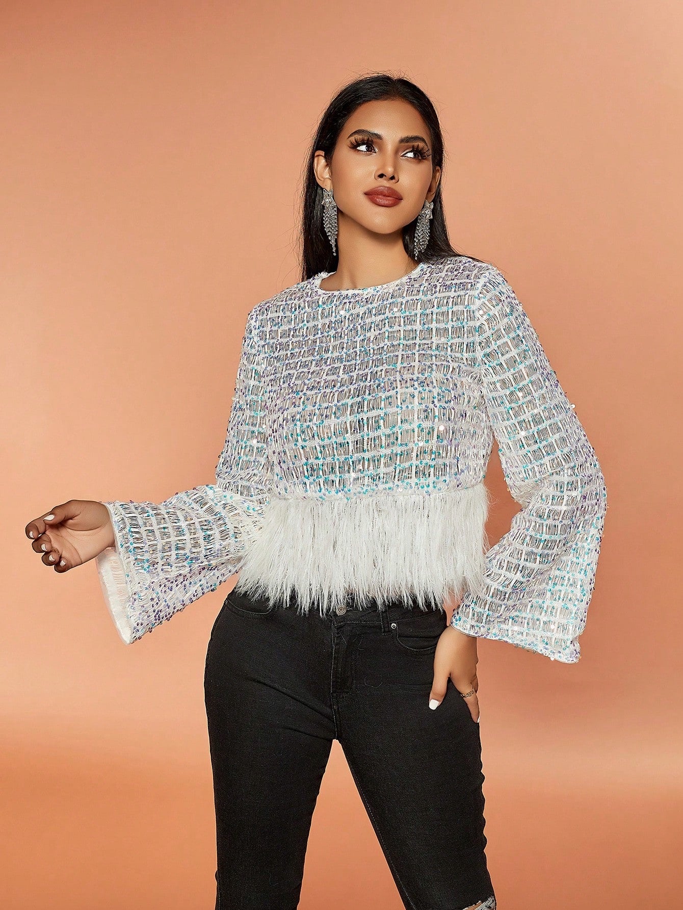 CM-TS504002 Women Elegant Seoul Style Round Neck Long Sleeve Fuzzy Hem Sequin Tee - White