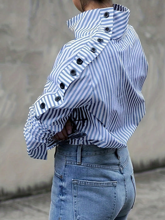 CM-TS363791 Women Casual Seoul Style Striped Print Button Detail High Neck Blouse