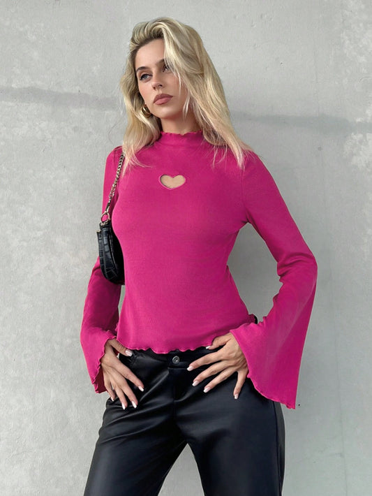 CM-TS350003 Women Casual Seoul Style Heart Cut Out Lettuce Trim Mock Neck Trumpet Sleeve Tee