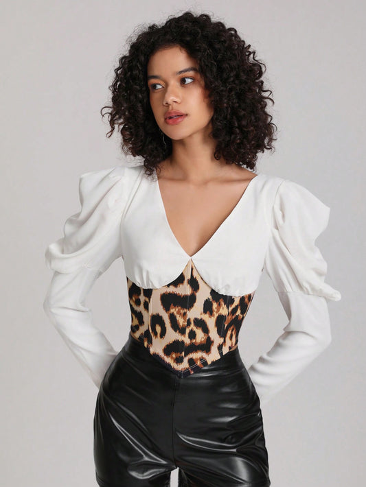 CM-TS699691 Women Casual Seoul Style Print Gigot Sleeve Bandana Hem Crop Blouse