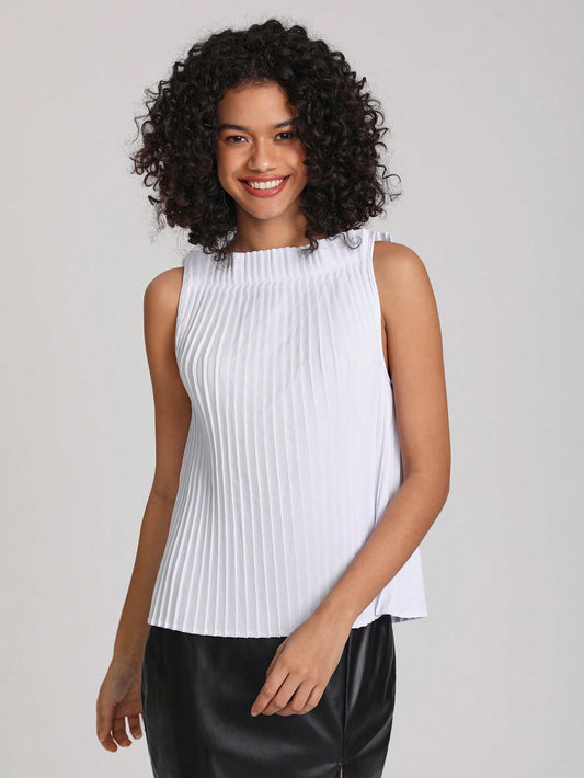 CM-TS756091 Women Casual Seoul Style Solid Pleated Detail Sleeveless Blouse - White