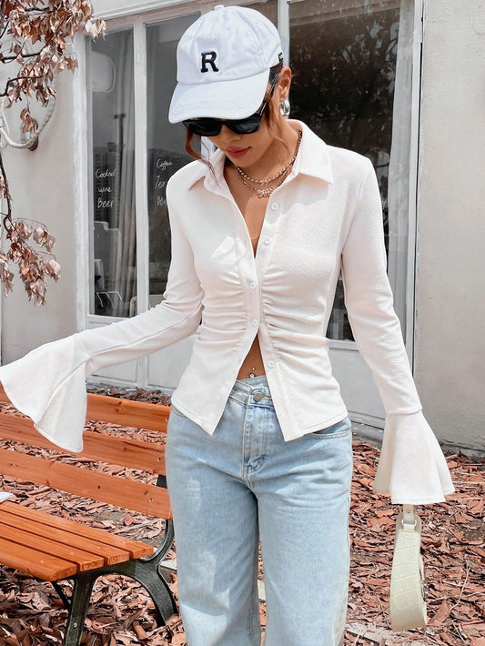 CM-TS289132 Women Casual Seoul Style Ruched Front Flounce Sleeve Blouse - Beige