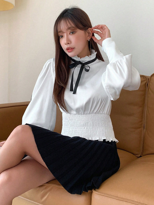 CM-TS324533 Women Elegant Seoul Style Frill Trim Tie Neck Lantern Sleeve Blouse - White