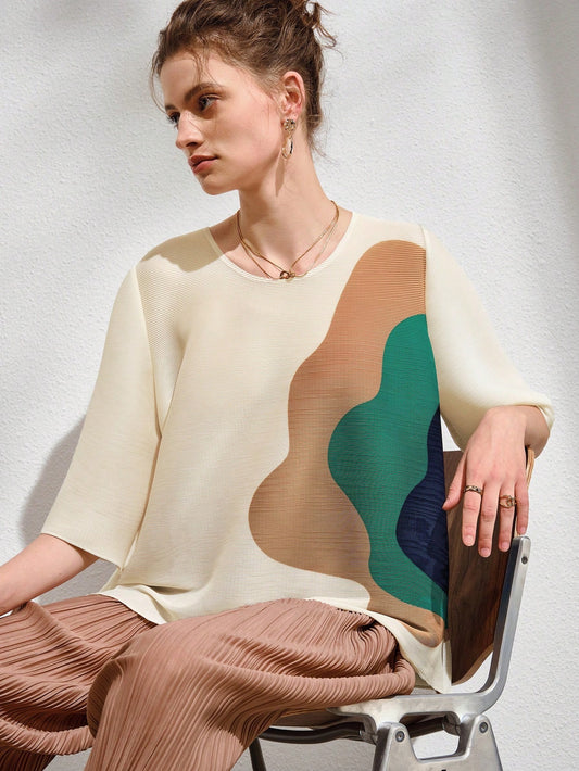 CM-TS359952 Women Casual Seoul Style Colorblock Round Neck Half Sleeve Tee