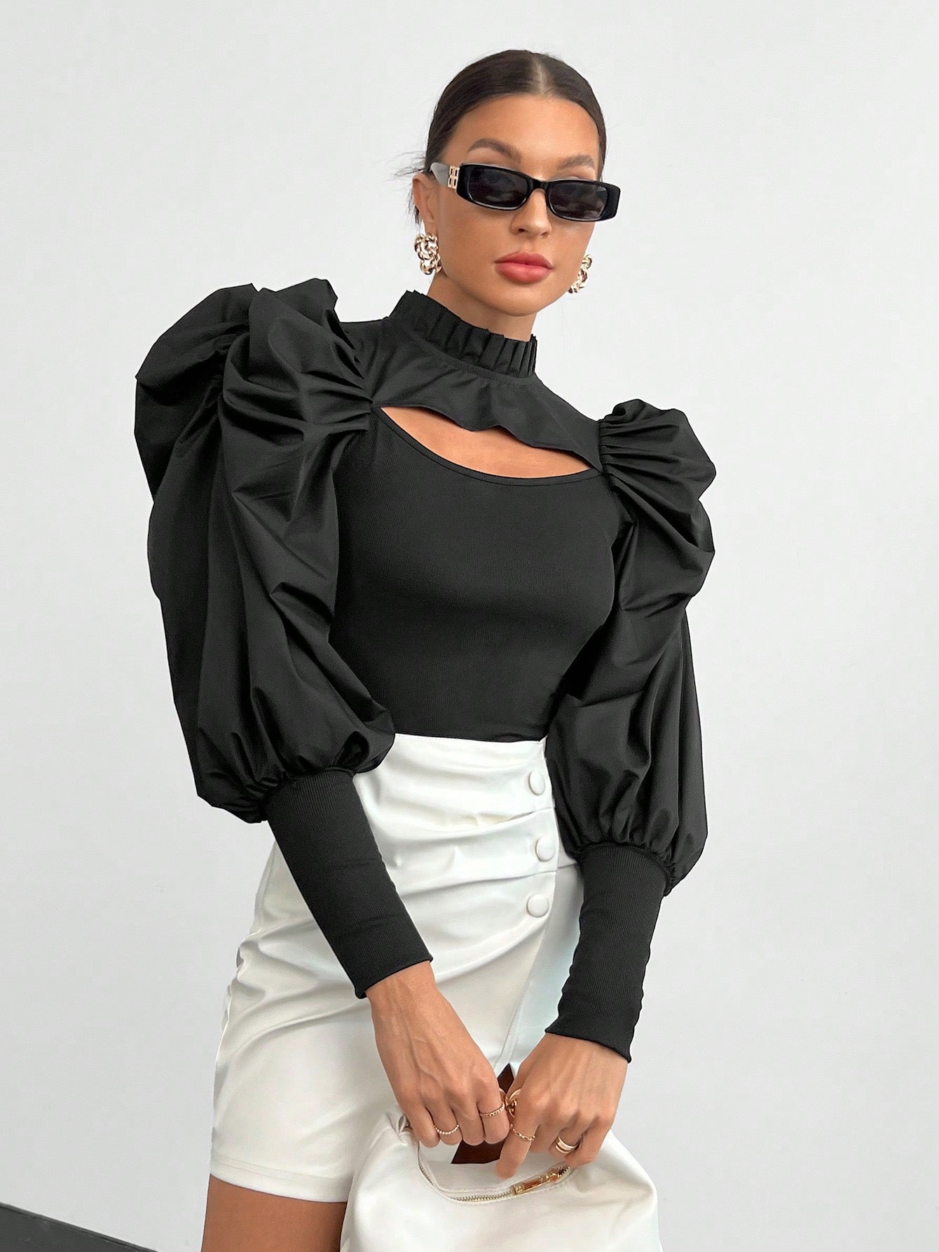 CM-TS365112 Women Casual Seoul Style Mock Neck Cut Out Front Gigot Sleeve Frill Trim Top
