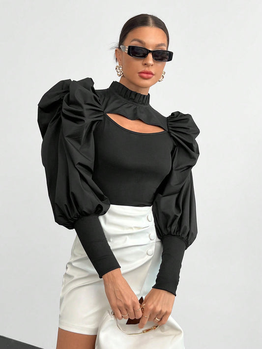CM-TS365112 Women Casual Seoul Style Mock Neck Cut Out Front Gigot Sleeve Frill Trim Top