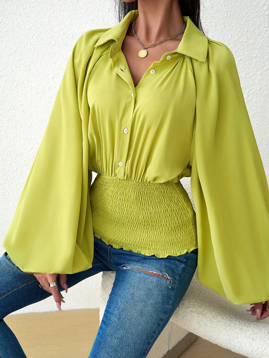 CM-TS066668 Women Casual Seoul Style Collar Neckline Lantern Sleeve Button Front Shirt