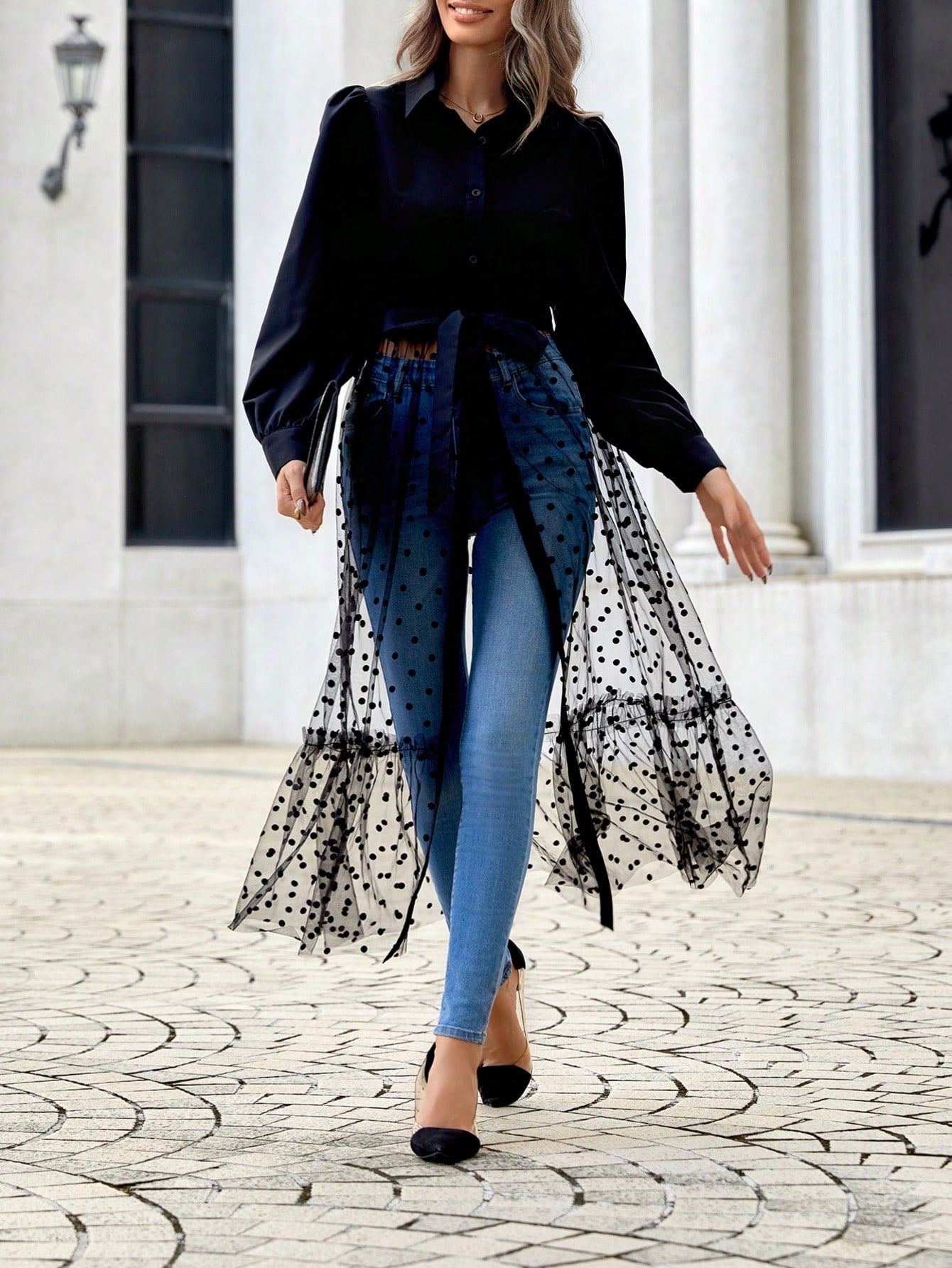 CM-TS556510 Women Trendy Bohemian Style Polka Dot Flocked Mesh Hem Belted Shirt - Black