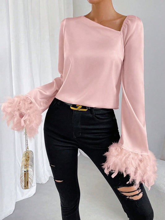 CM-TS892309 Women Elegant Seoul Style Asymmetrical Neck Fuzzy Cuff Satin Blouse - Pink
