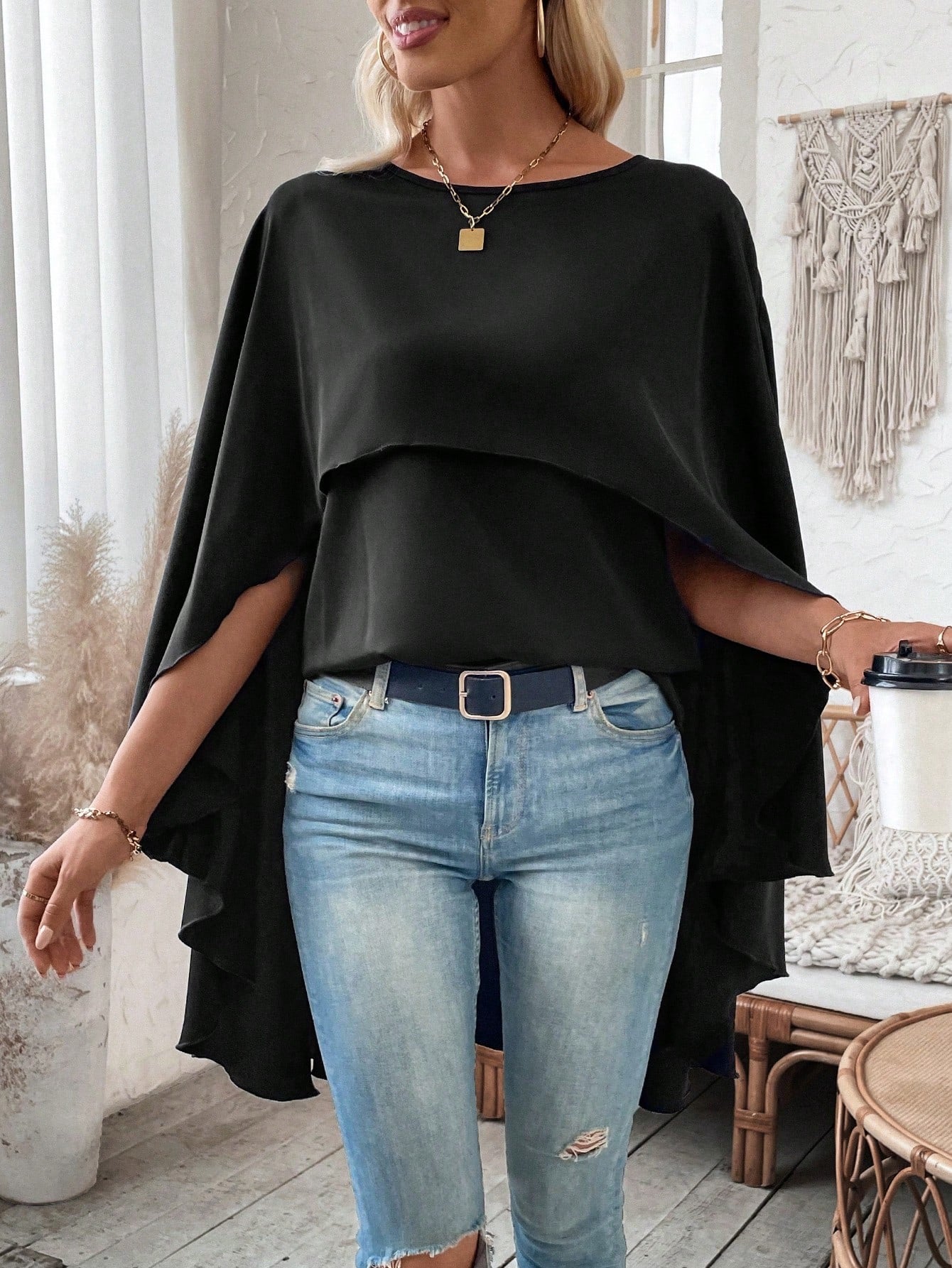 CM-TS773506 Women Casual Seoul Style Round Neck Batwing Sleeve Cape Irregular Hem Shirt