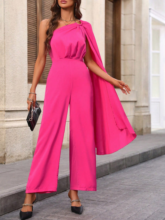 CM-JS749476 Women Elegant Seoul Style One Shoulder Cloak Sleeve Jumpsuit - Hot Pink