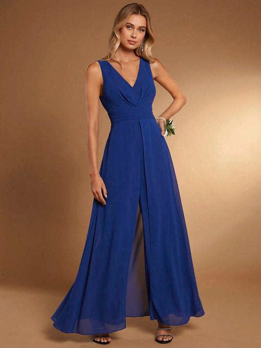 CM-JS645514 Women Elegant Seoul Style V-Neck Solid Tank Chiffon Overlay Jumpsuit - Blue