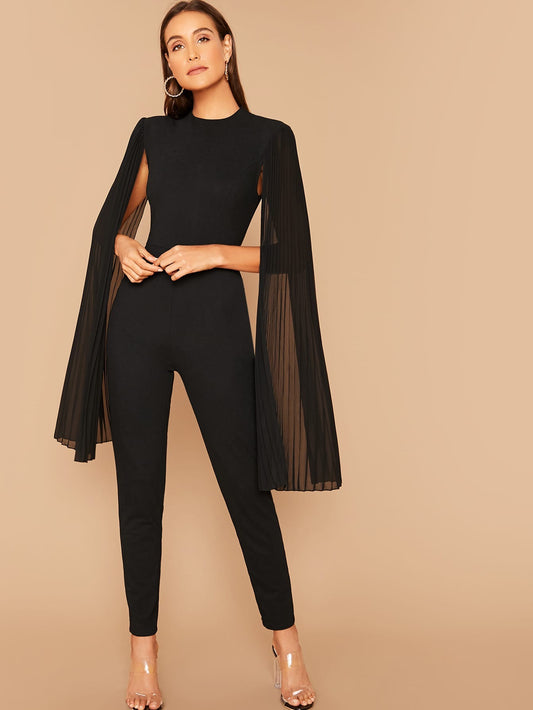 CM-JS923091 Women Elegant Seoul Style Round Neck Solid Pleated Cape Jumpsuit - Black