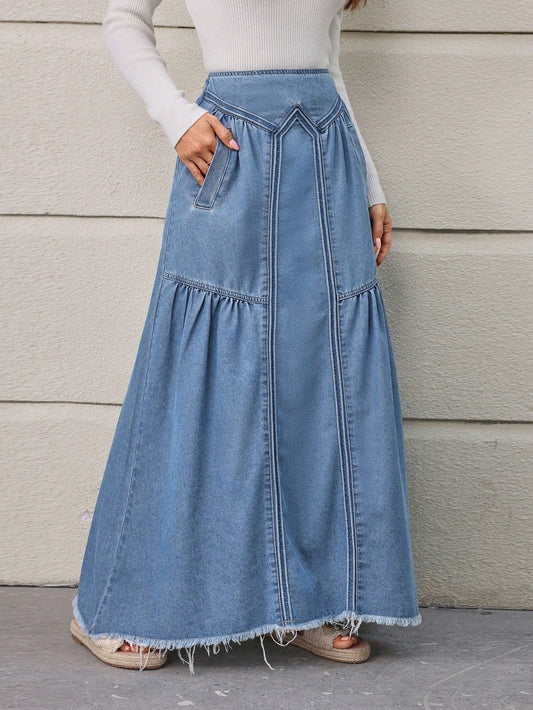 CM-BS098282 Women Casual Seoul Style Diagonal Pocket And Fringed Hem Denim Skirt - Blue