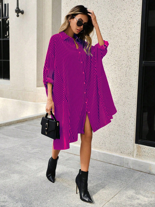 CM-DS134256 Women Casual Seoul Style Striped Print Roll Up Sleeve Button Front Shirt Dress