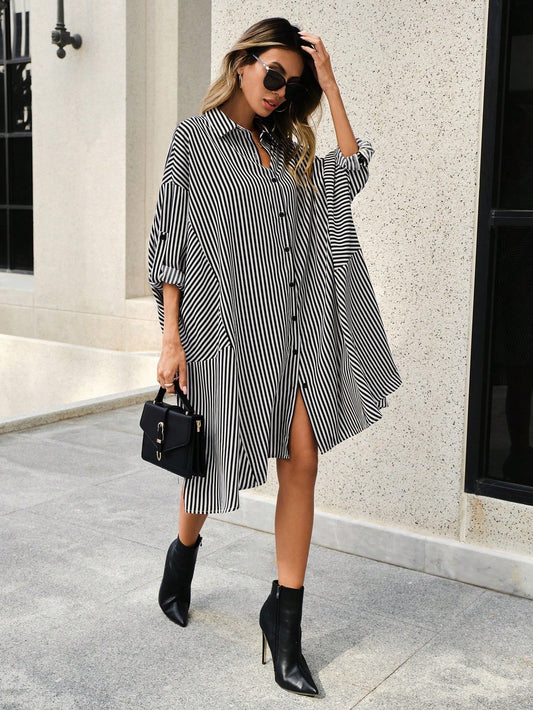 CM-DS664566 Women Casual Seoul Style Striped Print Roll Up Sleeve Button Front Shirt Dress